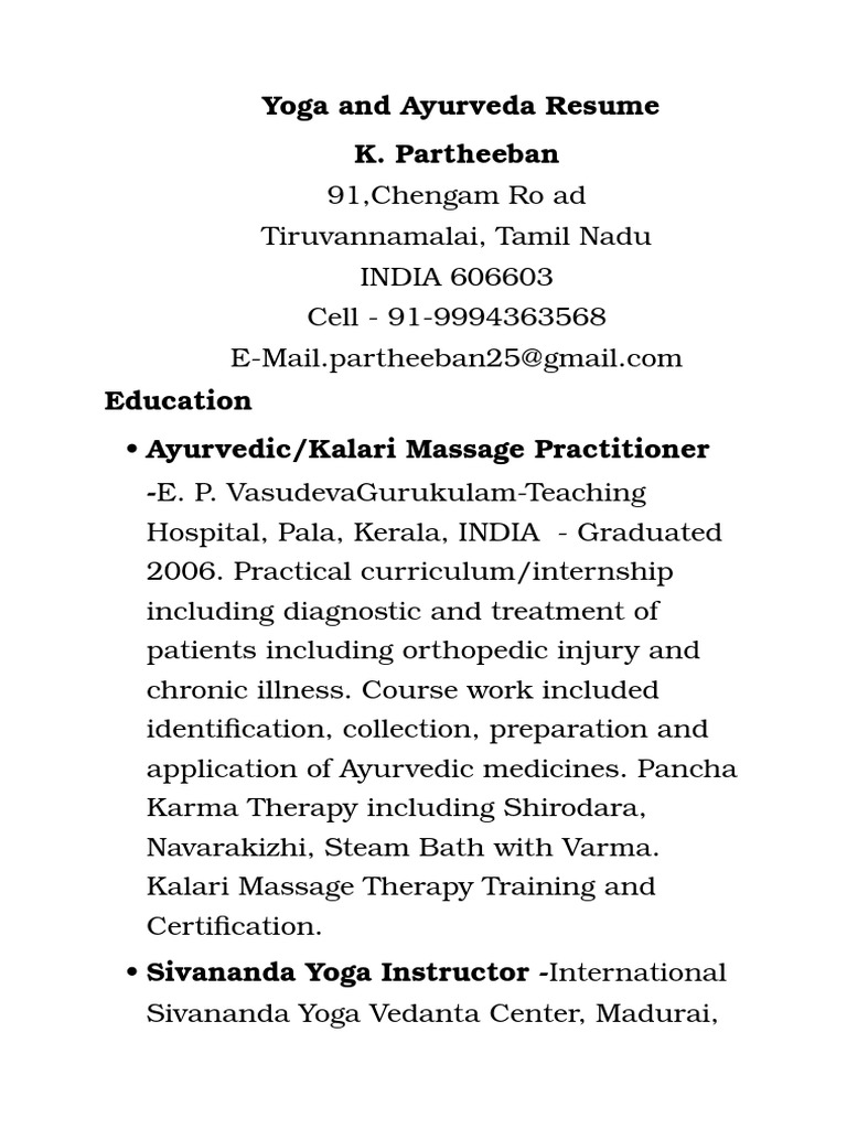 Yoga and Ayurveda Resume Ayurveda Yoga