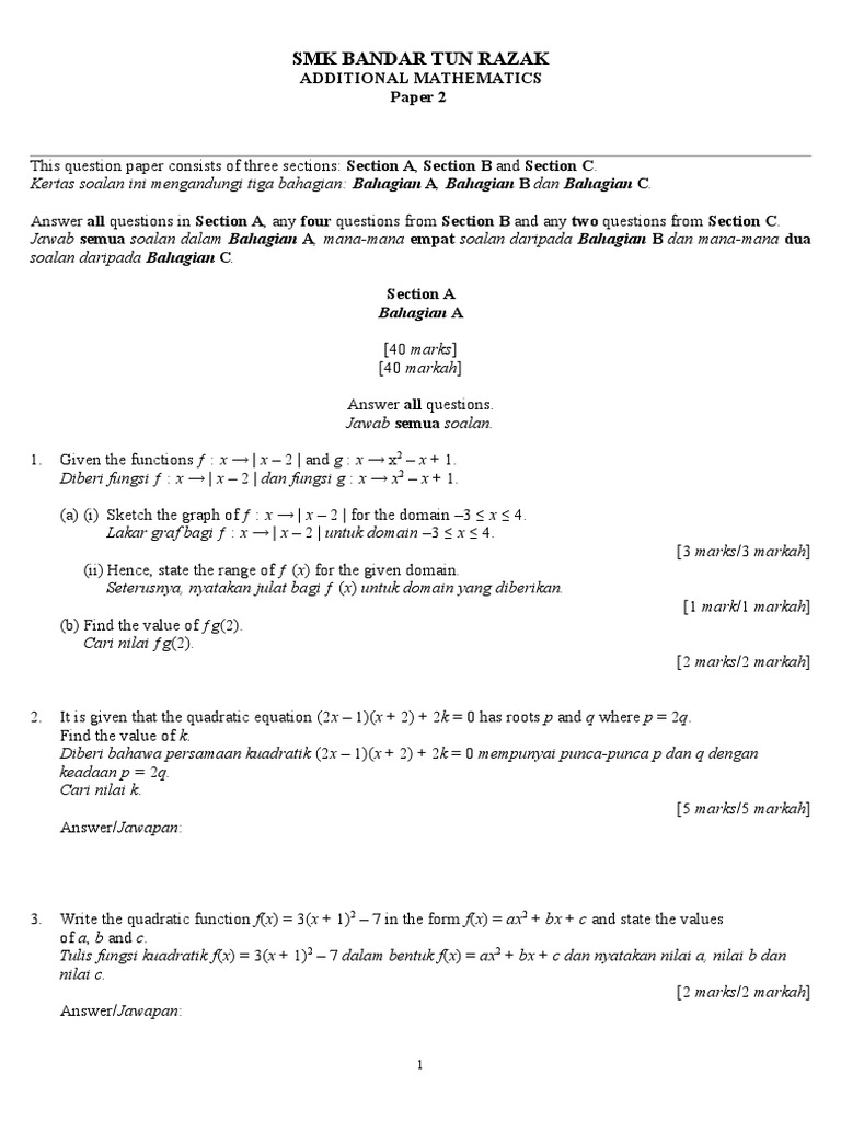 Soalan Matematik Tambahan Tingkatan 4 Kertas 2  Persamaan Kuadrat