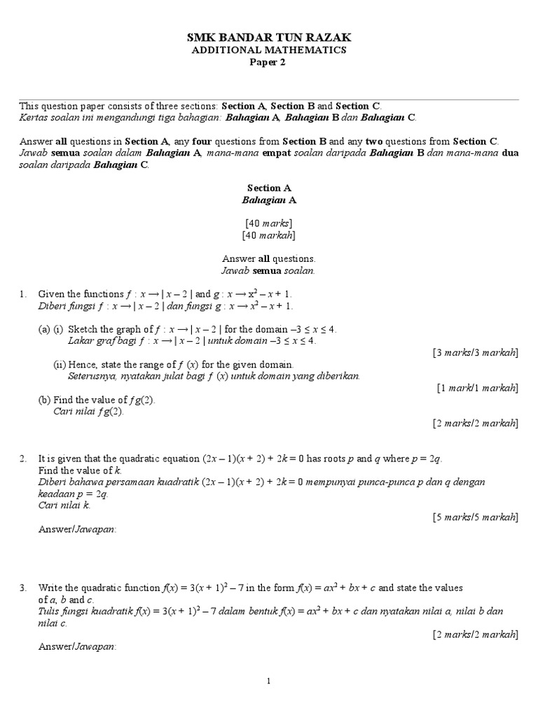 Soalan Matematik Tambahan Tingkatan 4 Kertas 2 Pdf Persamaan Kuadrat Geometri