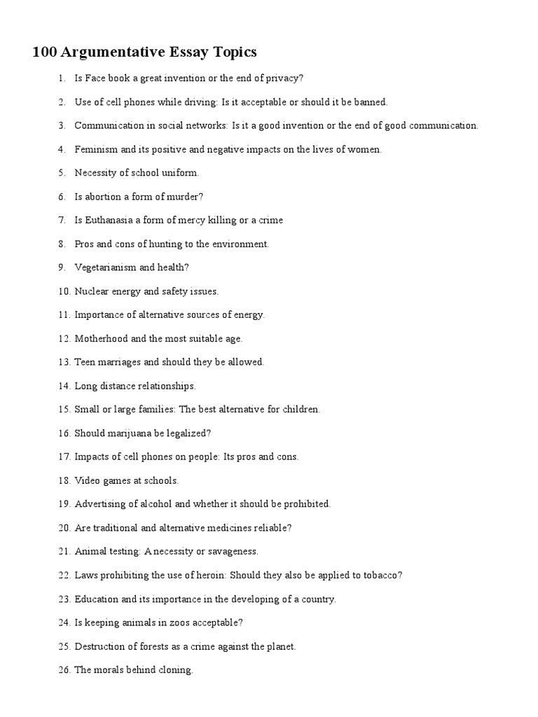 100 argumentative essay ideas