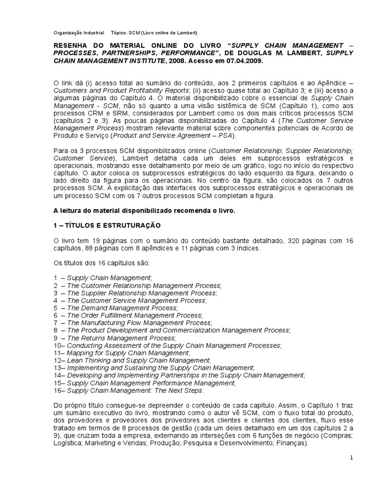 Resenha do Livro de Lambert sobre SCM | PDF | Gestão de relacionamento ...