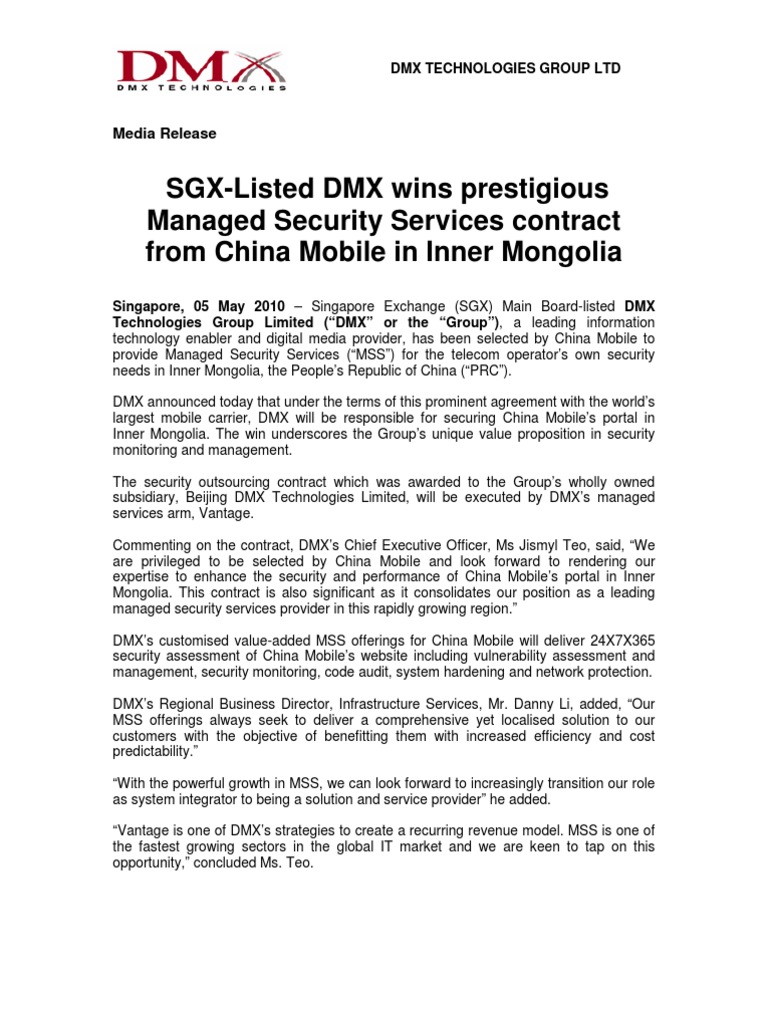 DMX Technologies SGXListed DMX Win Prestigious Managed Security