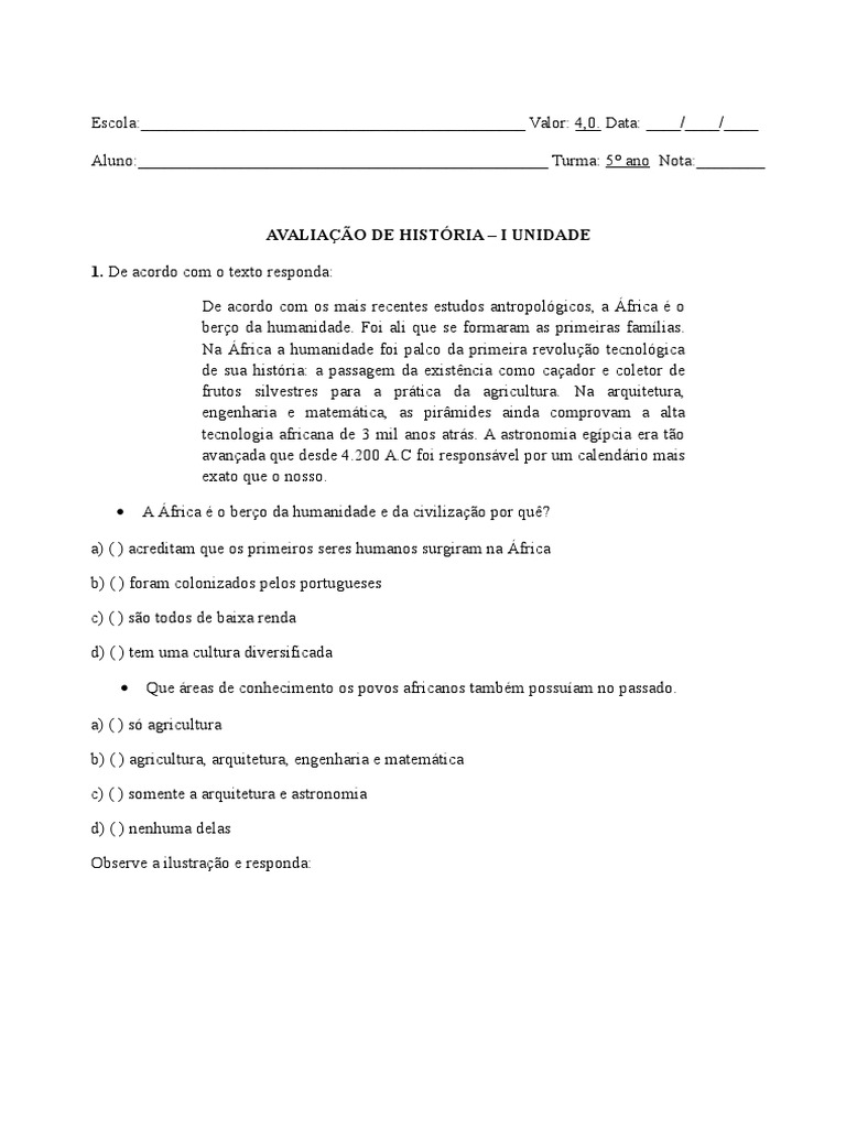 Avaliação de História - 5º Ano | PDF | Ciências Sociais