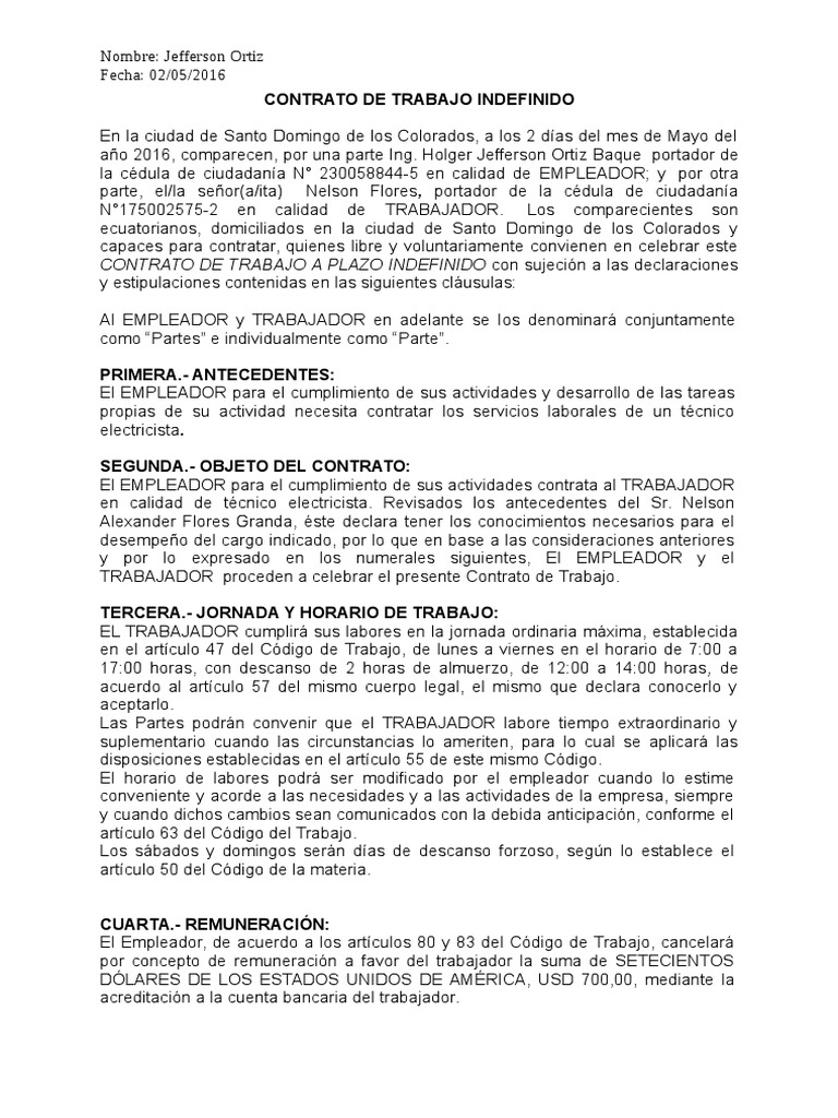 Contrato De Trabajo Indefinido Pdf Derecho Laboral Salario