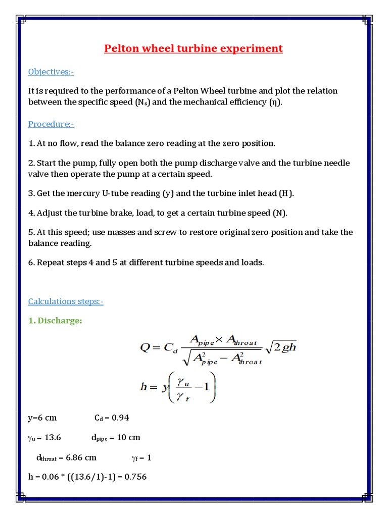 Pelton Wheel Turbine Efficiency Experiment | PDF | Teaching Methods ...