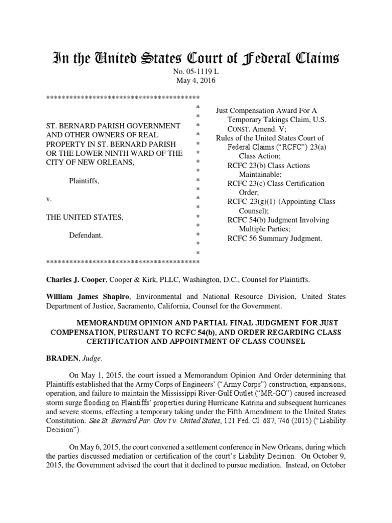 St. Bernard Parish Gov't v. United States, No. 051119L (Fed. Cl. May 4
