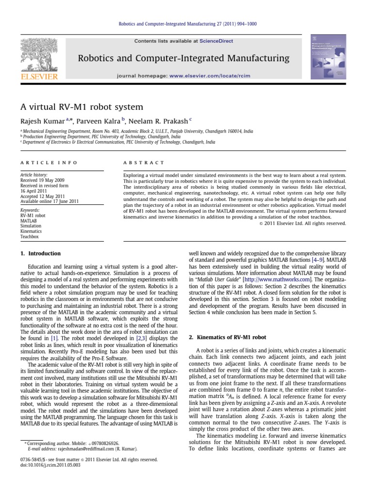 Robotics Rv M1 Pdf Simulation Matlab