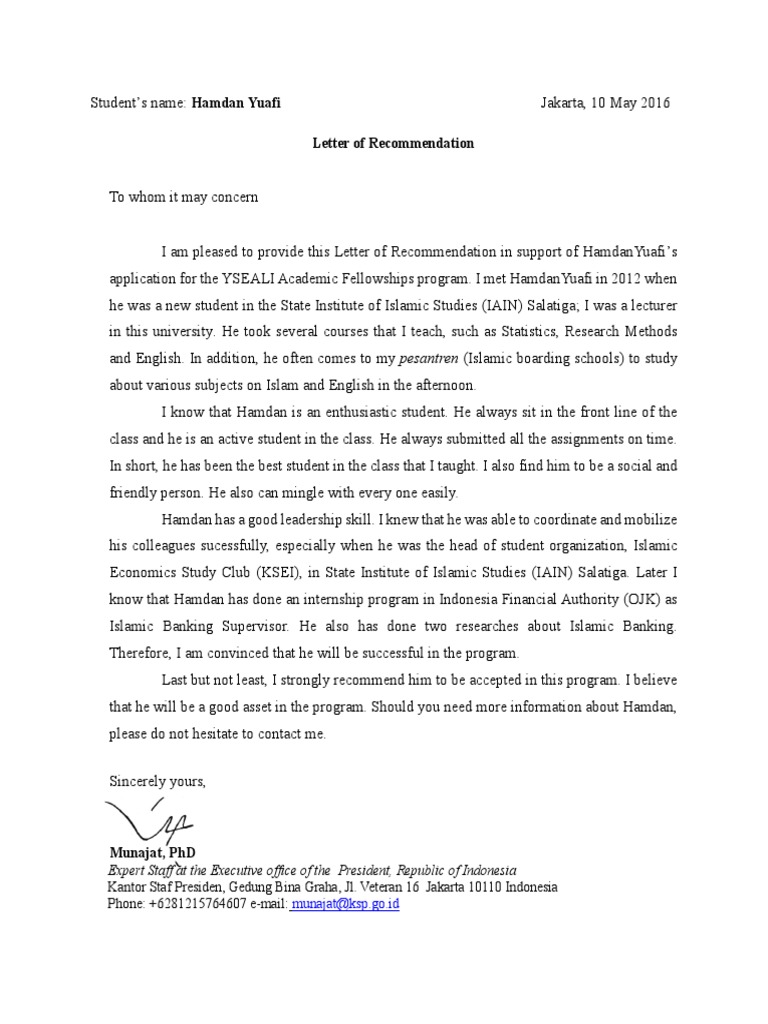 YSEALI Fellowship Recommendation for Hamdan | PDF
