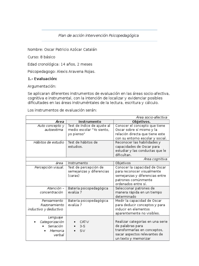 Plan de Acción Intervención Psicopedagógica | PDF | Lectura (proceso) |  Percepción