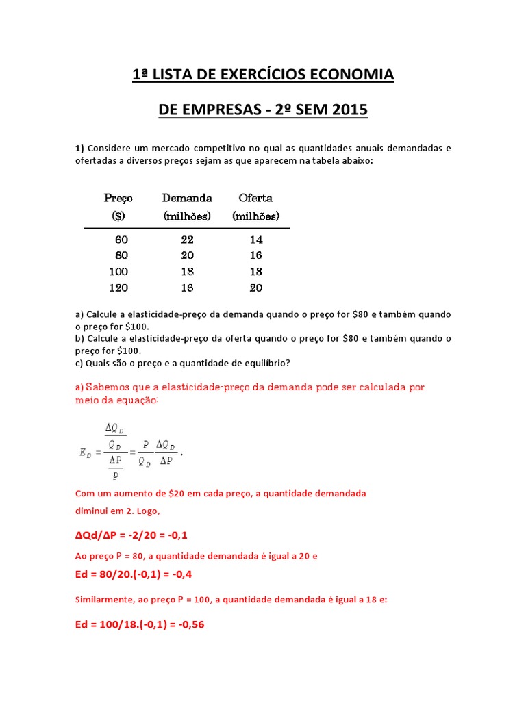 Exercícios sobre Elasticidade em Economia | PDF | Demanda | Oferta e ...