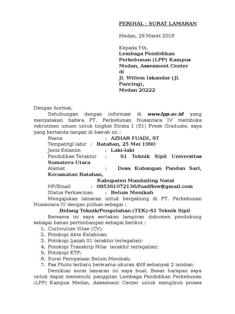 Surat Lamaran Ptpn Iv Pdf