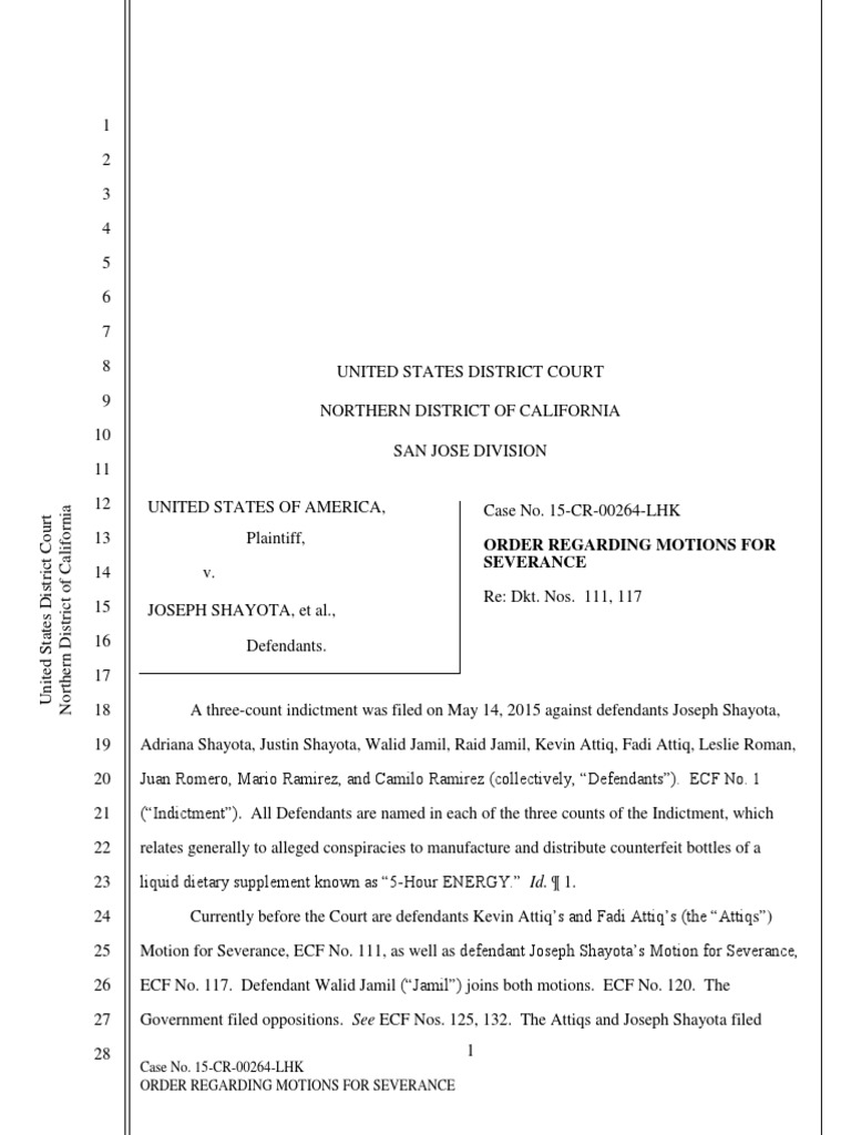 Order on Severance Motions in Case 15-CR-00264 | PDF | Deposition (Law ...