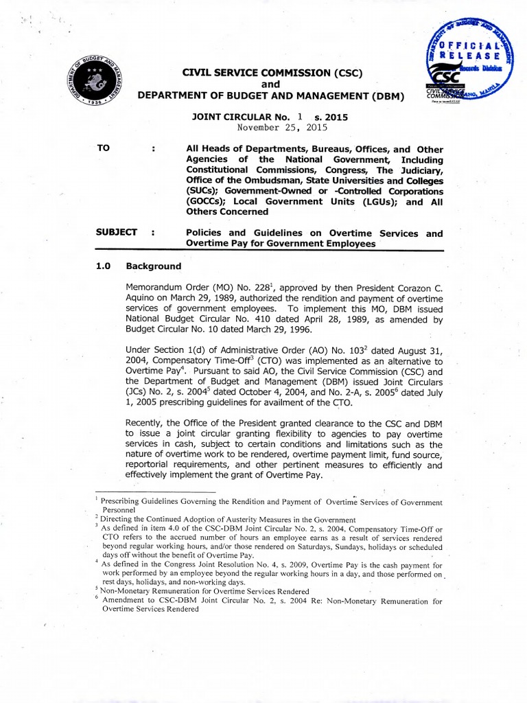 JOINT CIRCULAR CSC-DBM NO. 1 S. 2015 DATED NOVEMBER 25, 2015 For OT and ...