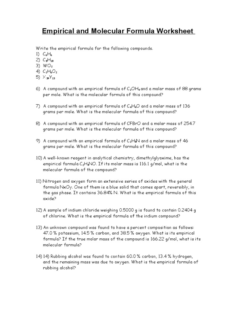 Worksheets Empirical Formula Worksheet empirical and molecular formula worksheet mole unit chemical compounds
