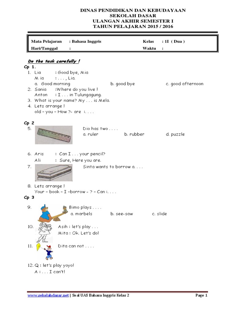 Soal UAS Semester 1 Bahasa Inggris Kelas 2