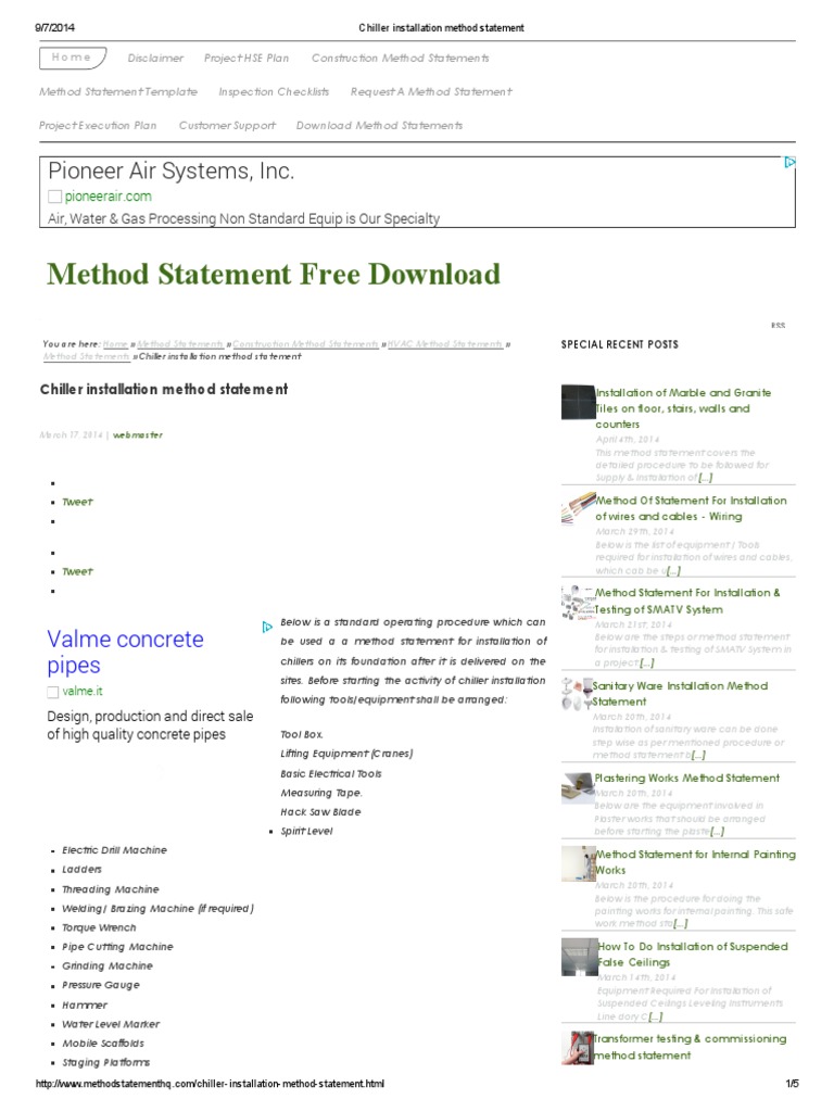 Chiller Unit Method Statement PDF | PDF | Pipe (Fluid Conveyance ...