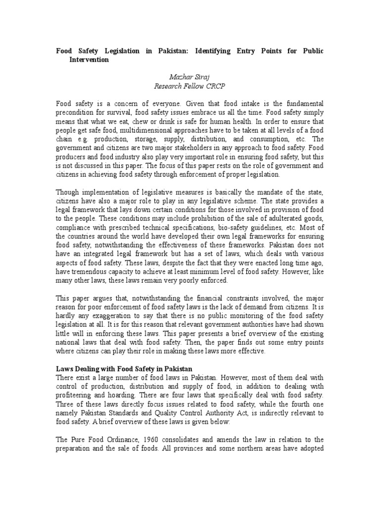 Food Safety Legislation in Pakistan | PDF | Self-Improvement