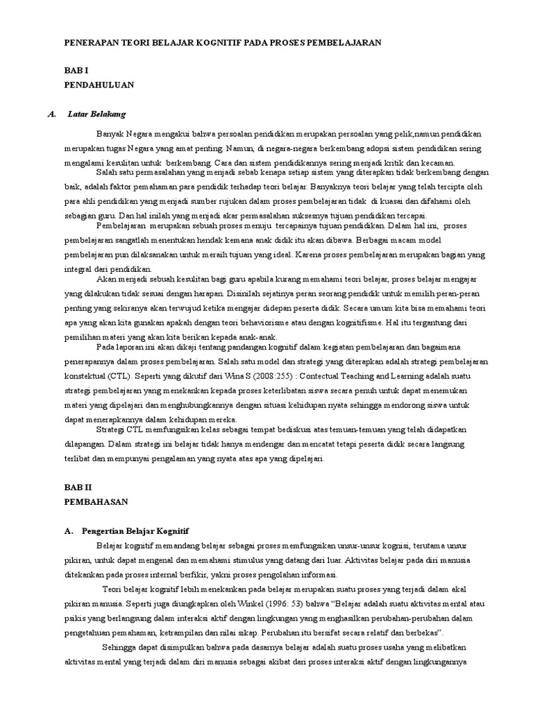 Teori Belajar Kognitif Dan Penerapannya Dalam Pembelajaran