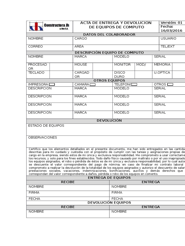 Acta de Entrega y Devolución de Equipos | PDF | Informática | Equipo de ...