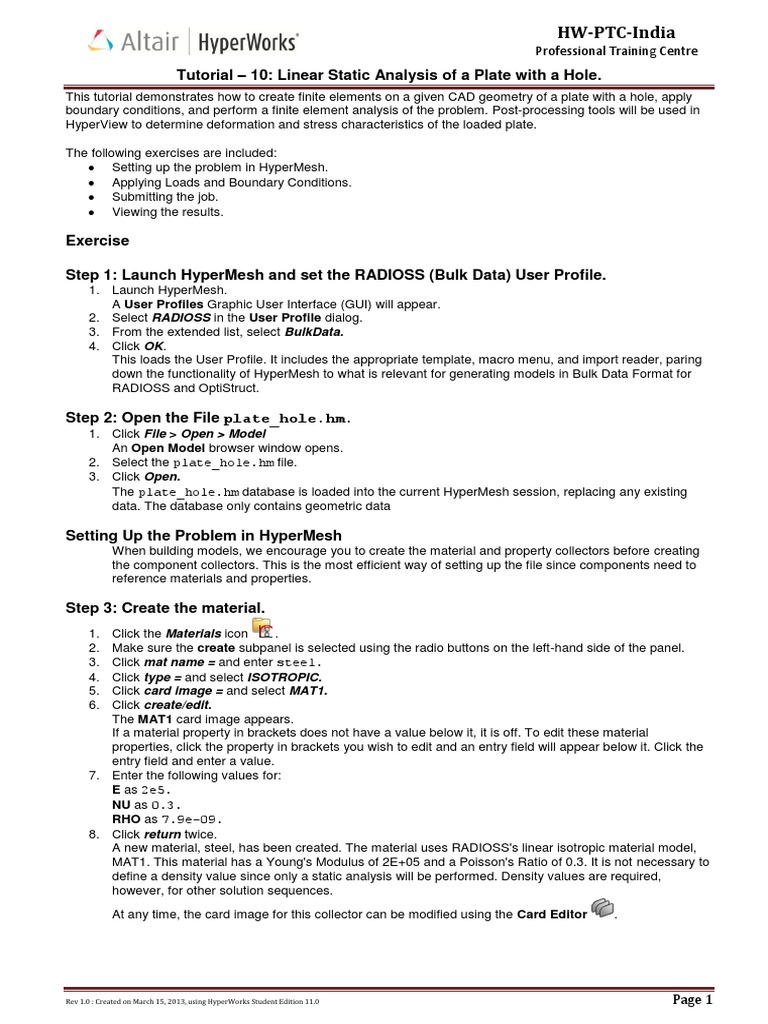 Linear Static Analysis Tutorial In Hypermesh Pdf Stress Mechanics