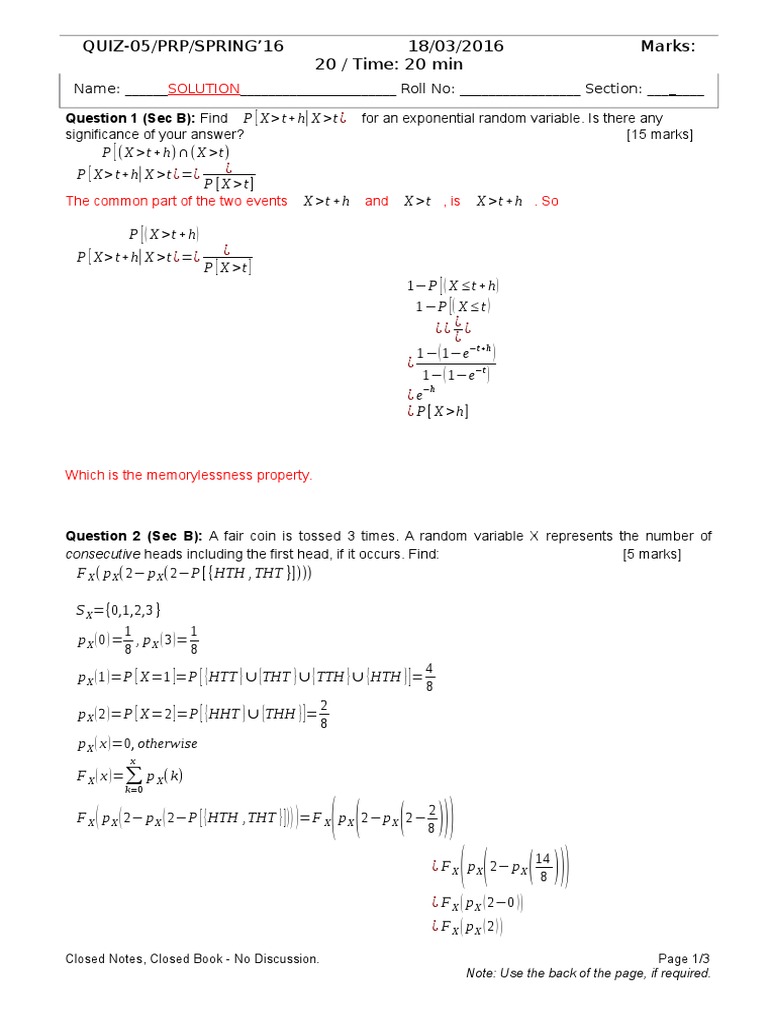 Exponential Random Variables & Coin Toss Quiz | PDF | Computers