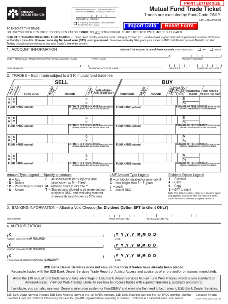0100-04-107E Mutual Fund Trade Ticket | PDF | Mutual Funds | Dividend