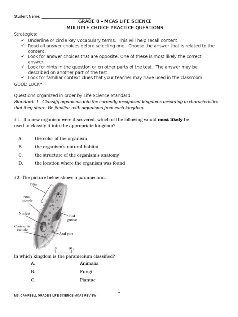 Grade 8 Mcas Review Question Set Heredity Cell Biology 