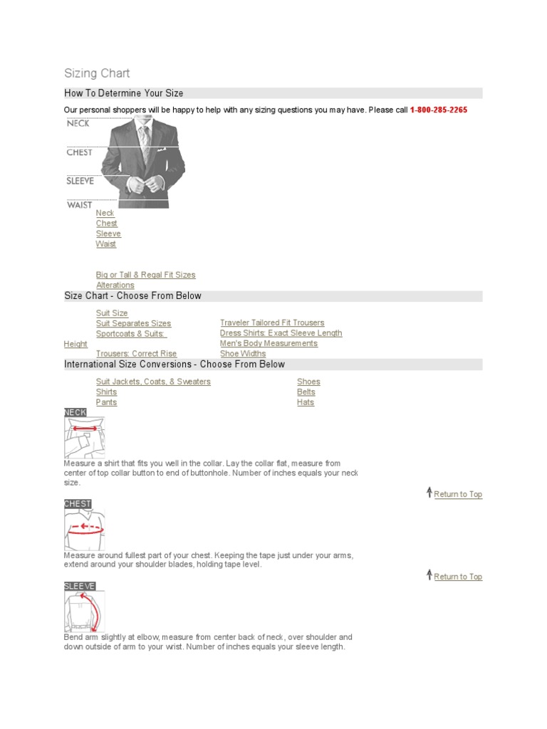 Joseph A. Bank Sizing Chart PDF Fashion Softlines (Retail)