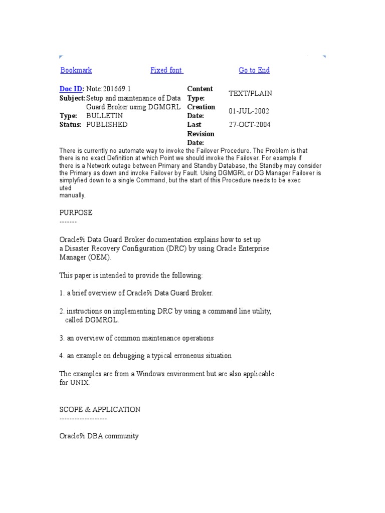 Setup and Maintenance of Data Guard Broker Using DGMGRL | PDF | Oracle ...