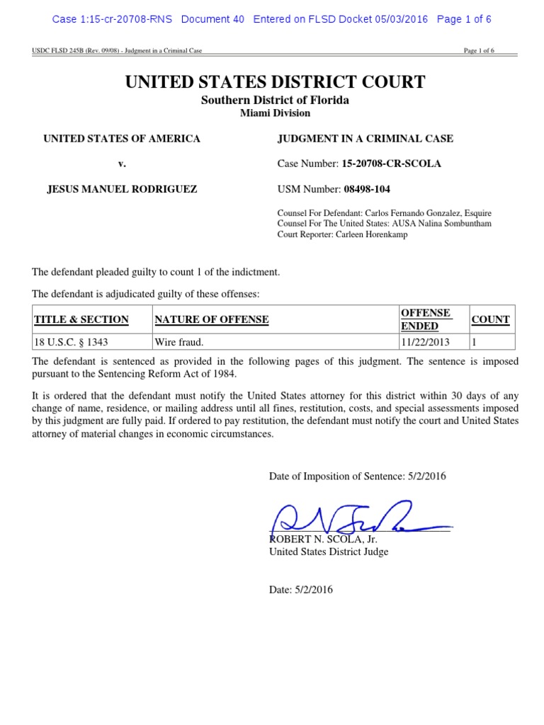 Judgment in a criminal case United States Federal Probation And