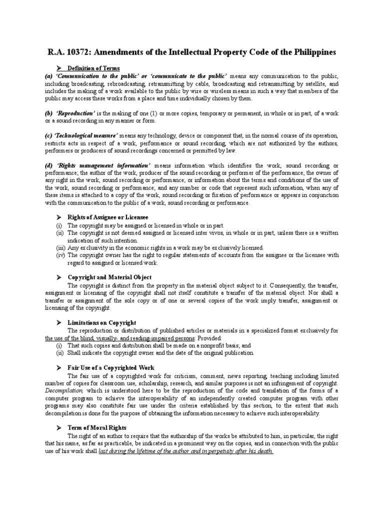 R.A. 10372 Amendments of The Intellectual Property Code of The Philippines PDF Copyright
