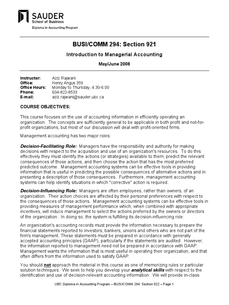 294 Managerial Accounting - COURSE OUTLINE | PDF | Management ...