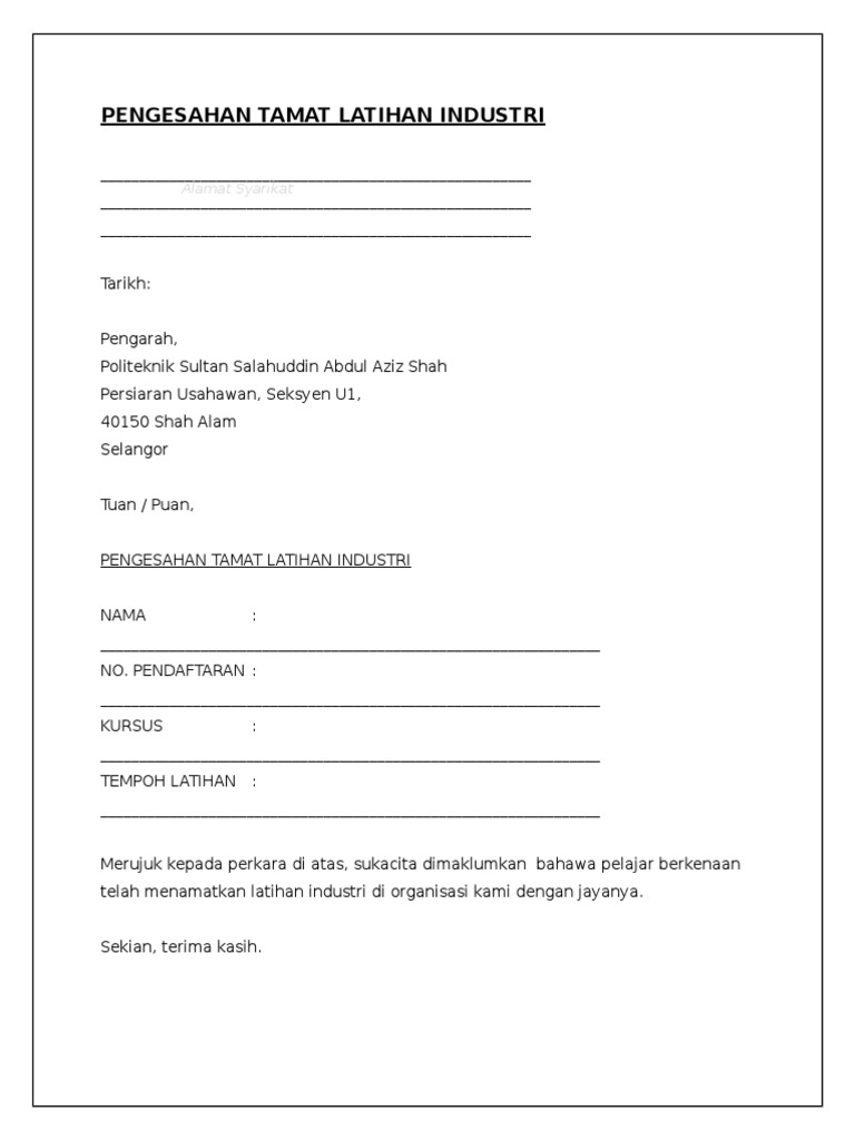 Surat Pengesahan Tamat Latihan Industri Pdf