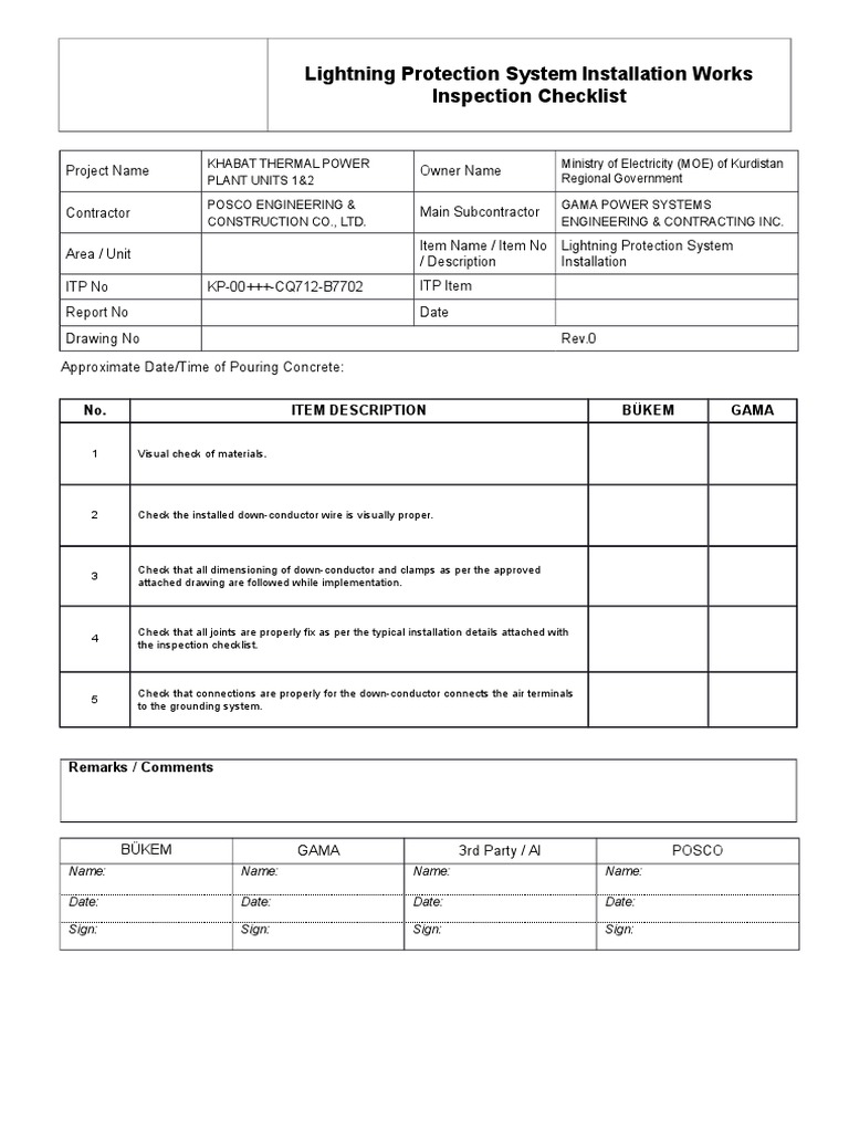 Lightning Protection System Installation Checklist PDF