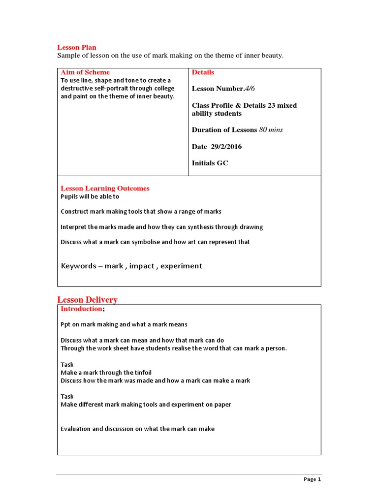Sample Lesson-Mark Making | PDF | Educational Assessment | Lesson Plan