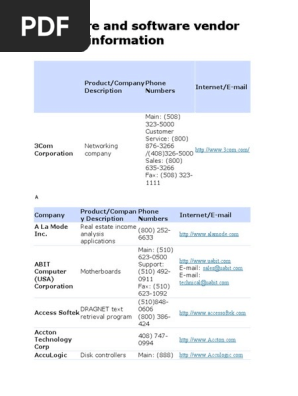 Hardware and Software Vendor Contact Information