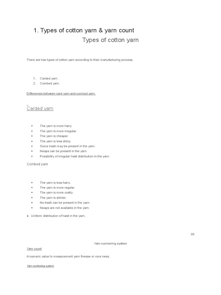 Types of Cotton Yarn | PDF | Yarn | Spinning (Textiles)