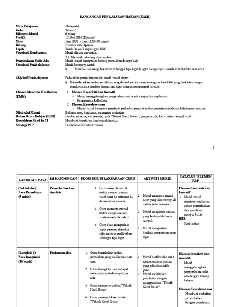 Contoh Rph Matematik Tahun 2 Penolakan Nomboor Bulat Pdf