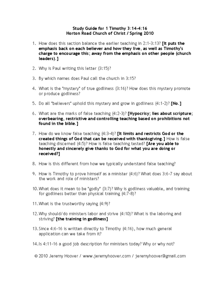 Study Guide for 1 Timothy 3:14-4:16 | Christianity Related ...
