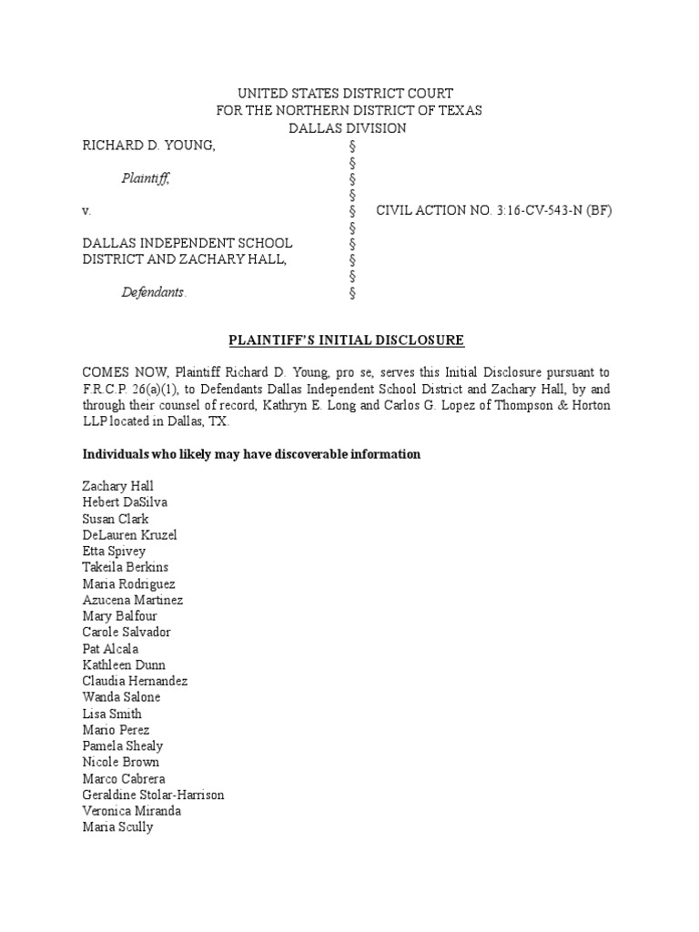 Young vs. Dallas ISD and Zachary Hall: Plaintiff's Initial Disclosure ...