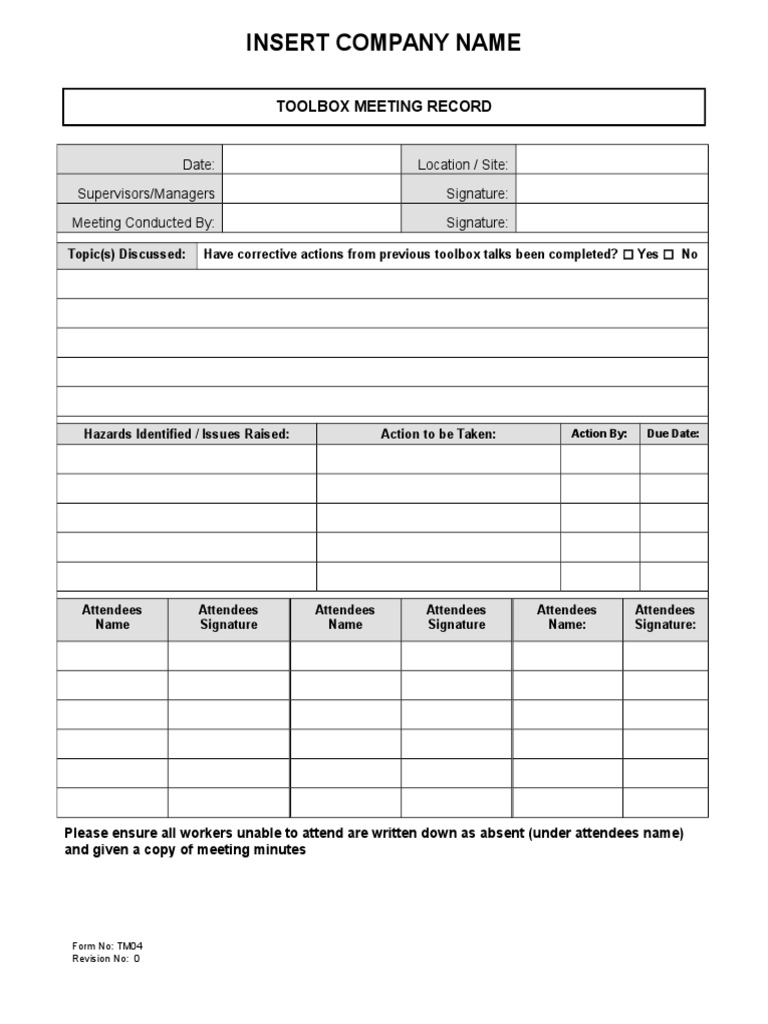 Toolbox Meeting Record Sample Form Business