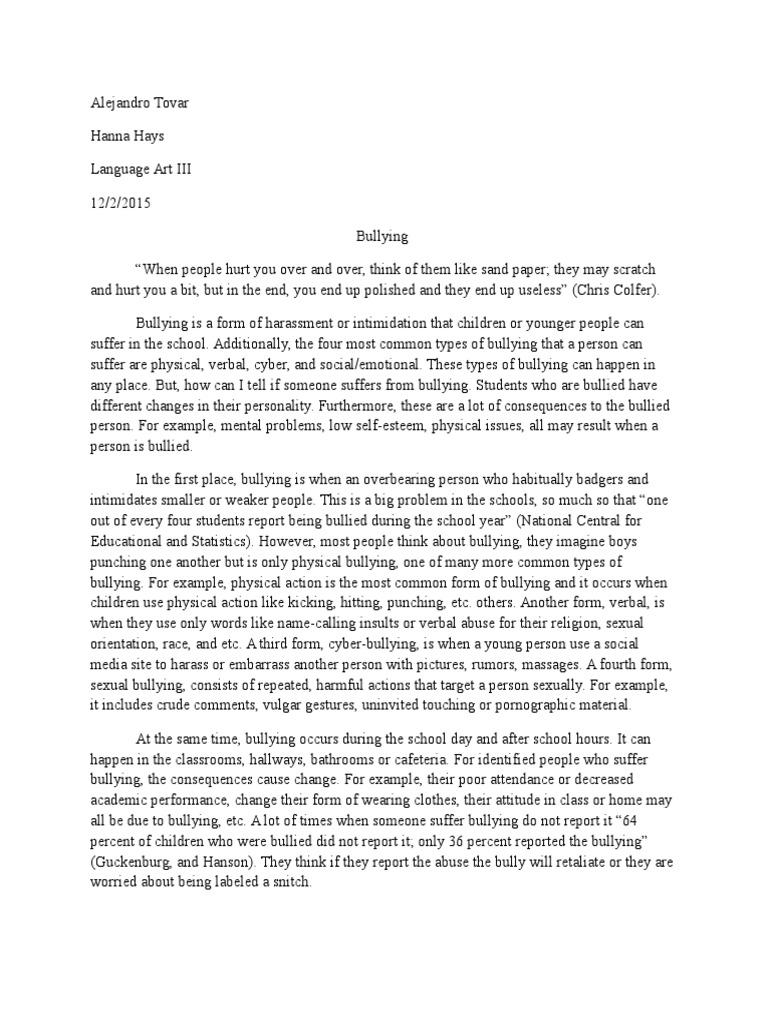 essay on bullying at school
