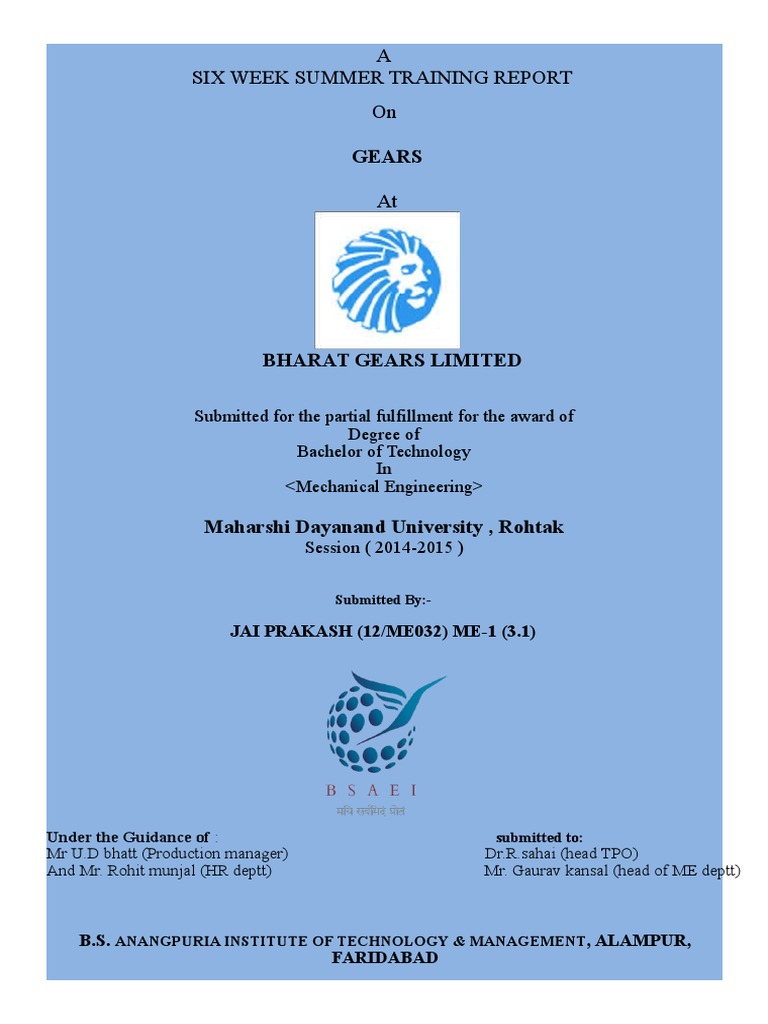 Project Report On Gears PDF Gear Metalworking