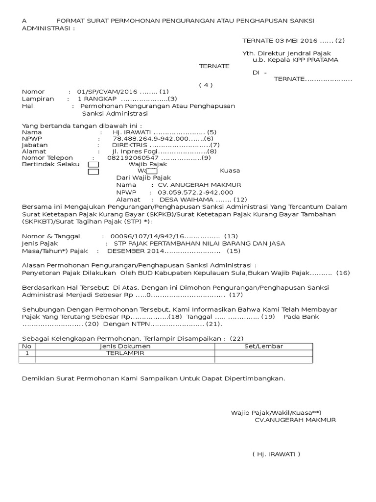 A Format Surat Permohonan Pengurangan Atau Penghapusan 