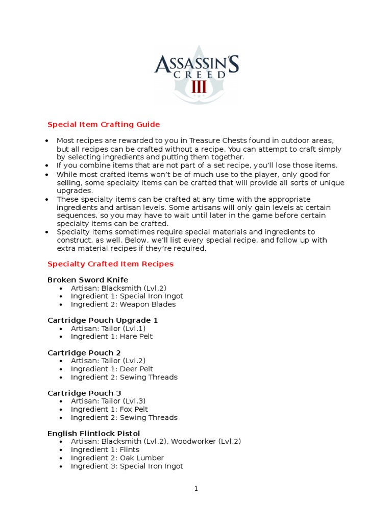 Assassin's Creed III Crafting Guide PDF Blacksmith Nature