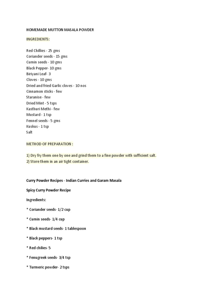 Mutton Masala Powder Recipe Guide | PDF | Curry | Spice
