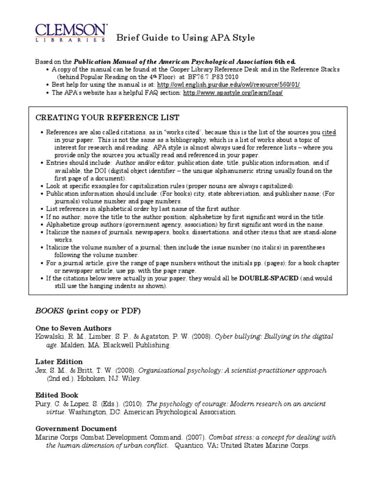 Brief Guide To Using Apa Style Creating Your Reference List Pdf