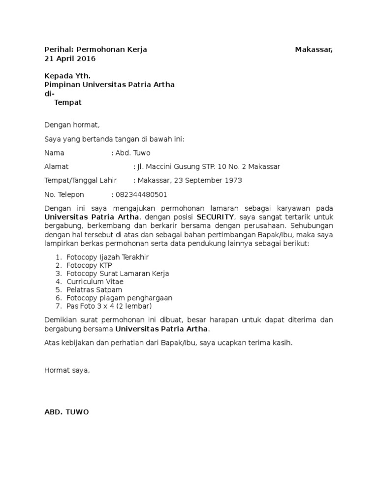 Surat Lamaran Kerja Pdf