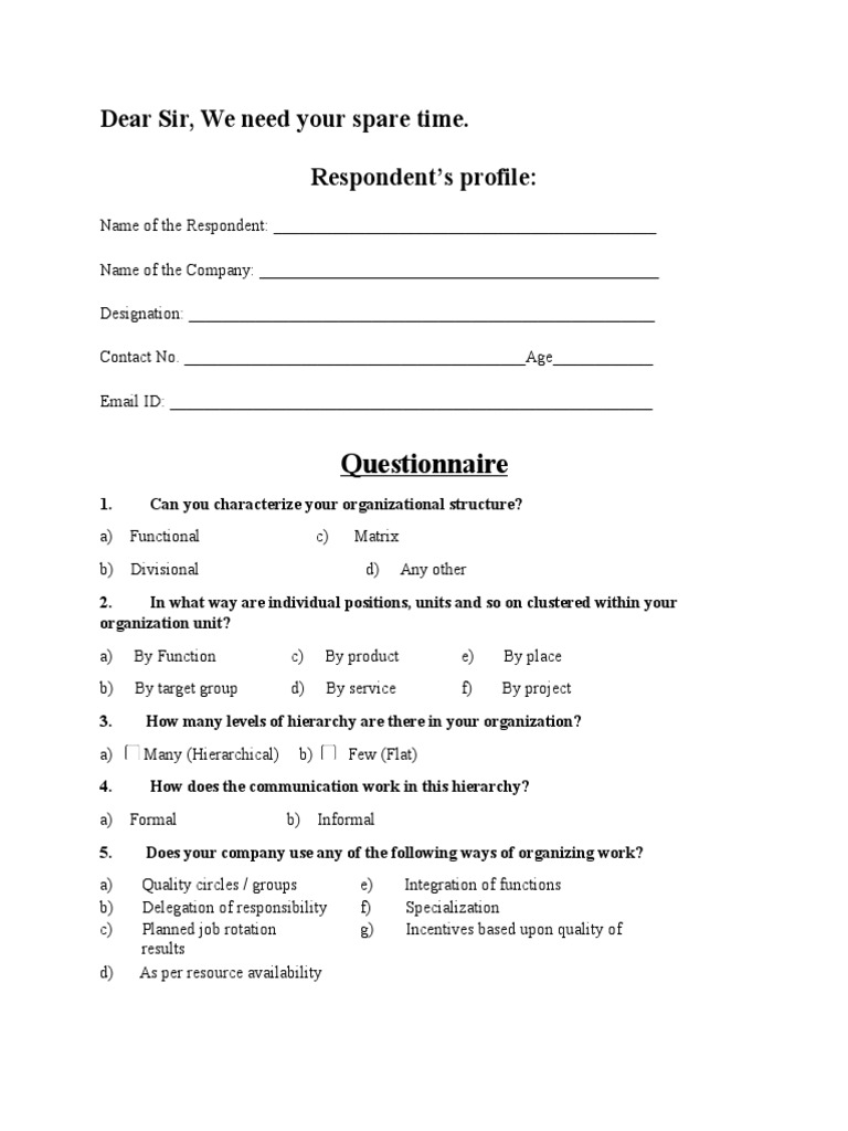 Questionnaire Organizational Structure Competence (Human Resources)