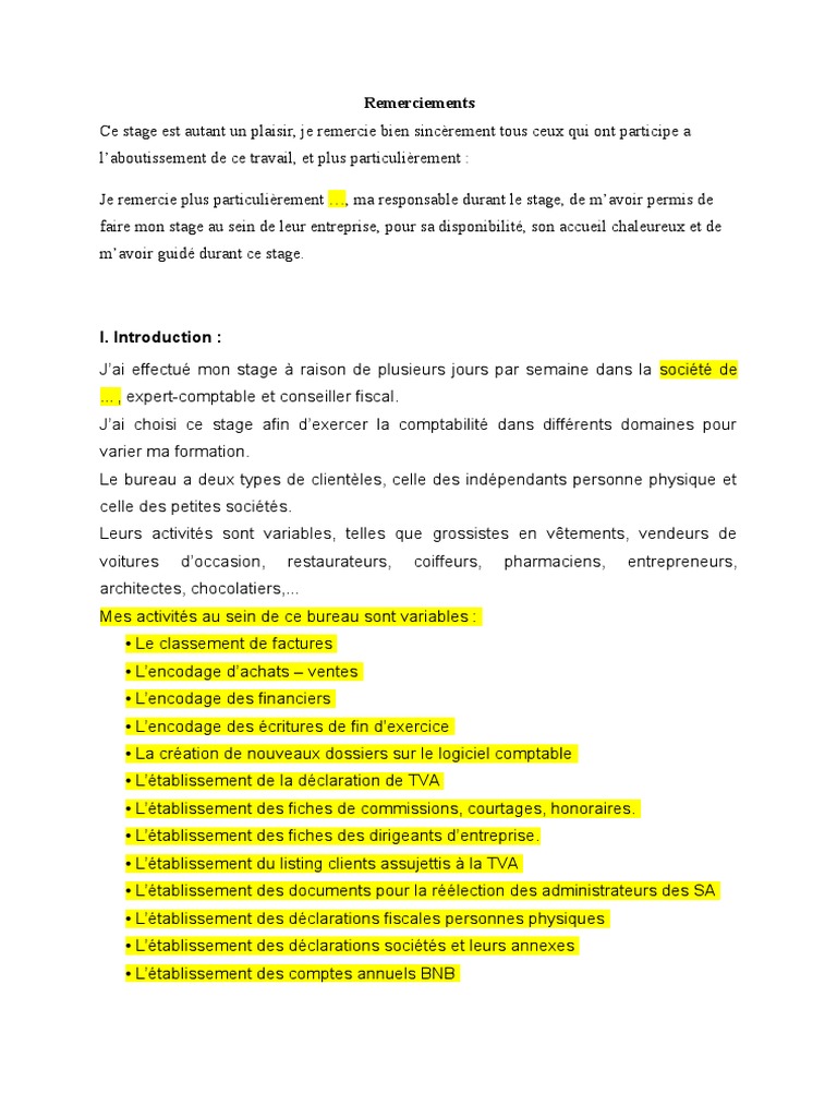 Thème De Rapport De Stage En Cabinet Comptable